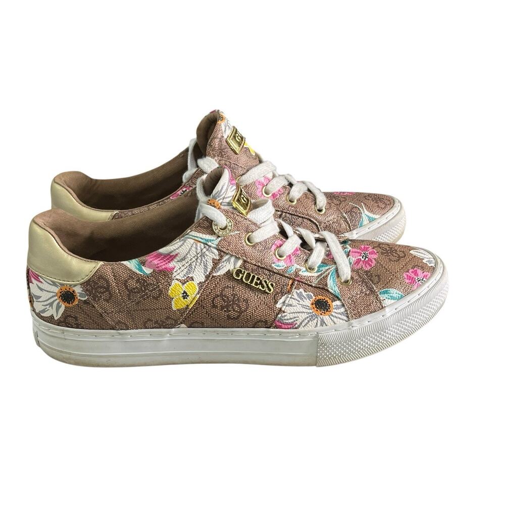 Guess Loven Sneakers Women's Size 9.5 M Casual Lace-up Logo Brown Pink Floral - Picture 5 of 15